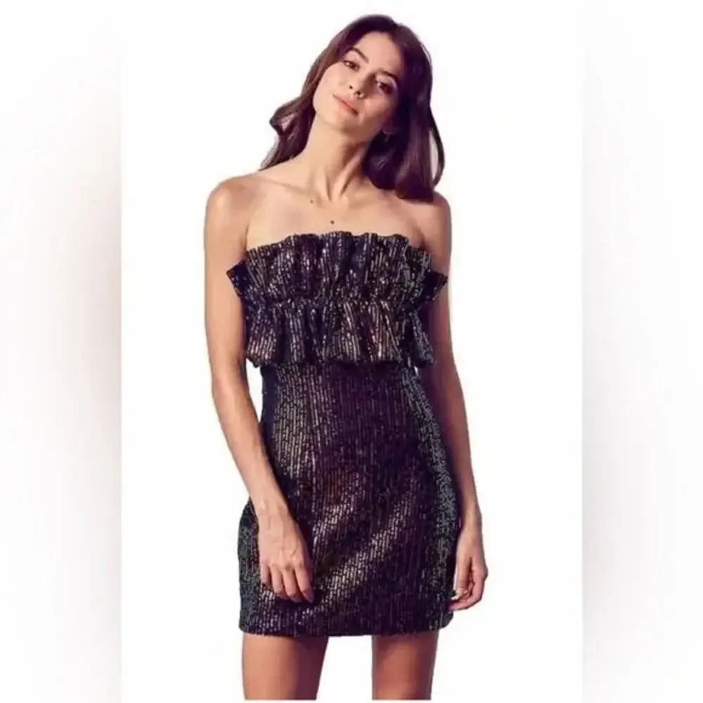Thirty Thirty LA Women's Strapless Sequin Mini‎ Dress Ruffle Top Size Large